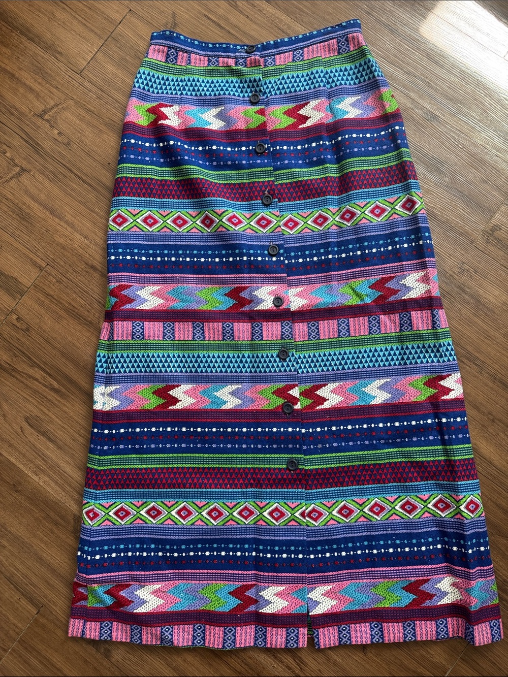 Vintage Multicolor Button-Front Maxi Skirt in Blue, Pink, Green, Red